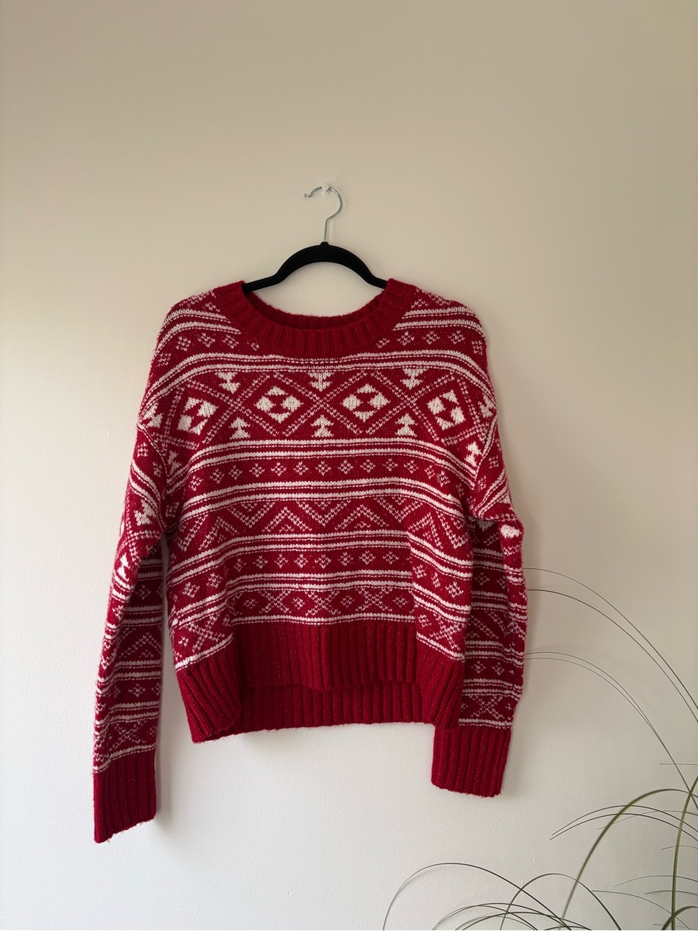 American Eagle Outfitters Red & White Fair Isle Crew Sweater